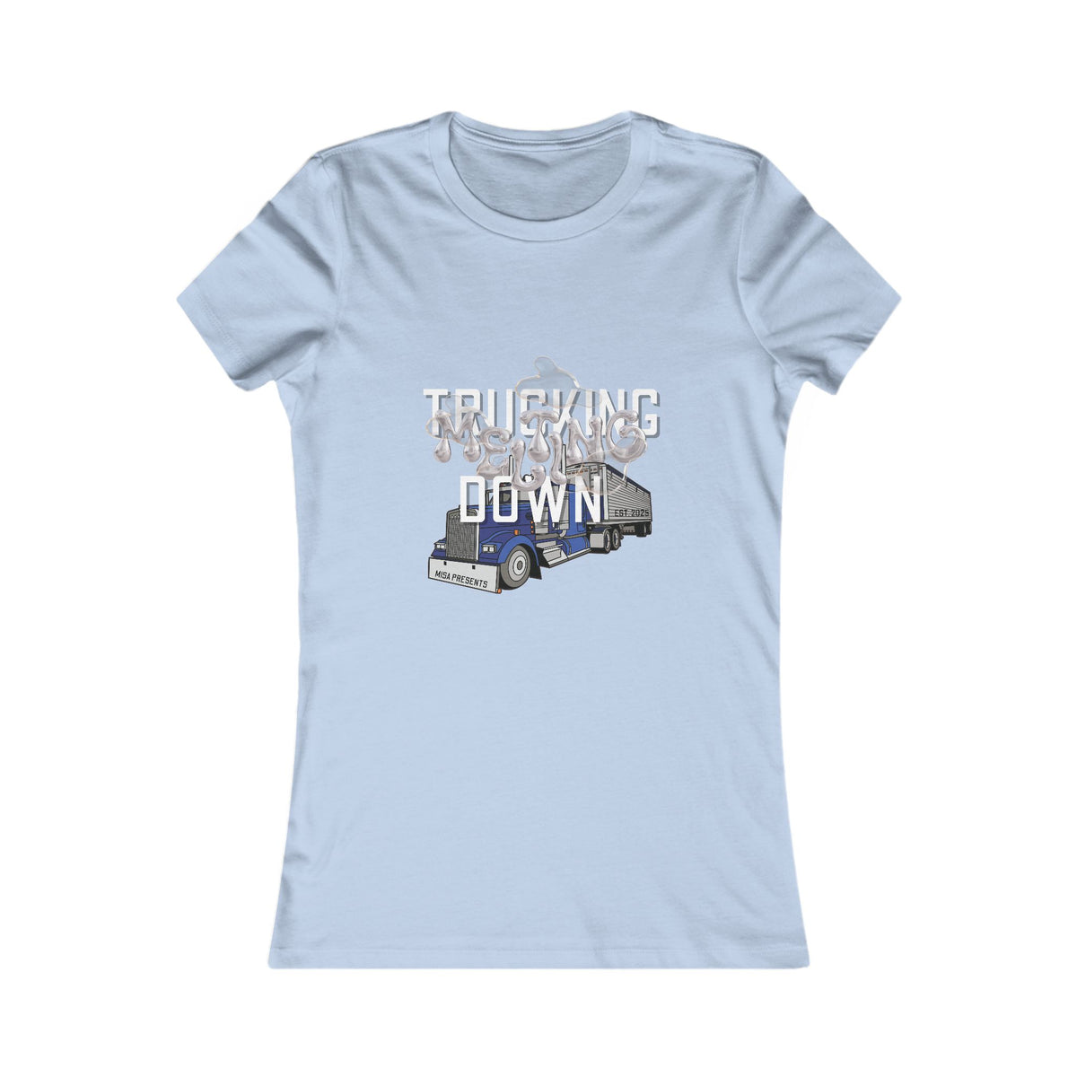 Women's baby blue trucking T-shirt by Printify featuring a casual fit and printed truck graphic on the front.