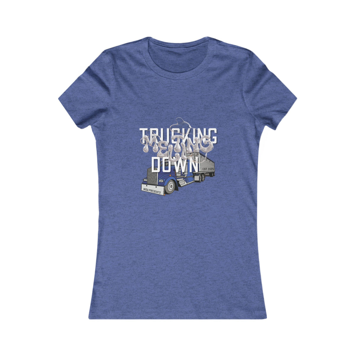 Baby blue women's trucking T-shirt by Printify featuring a casual fit and truck graphic design.