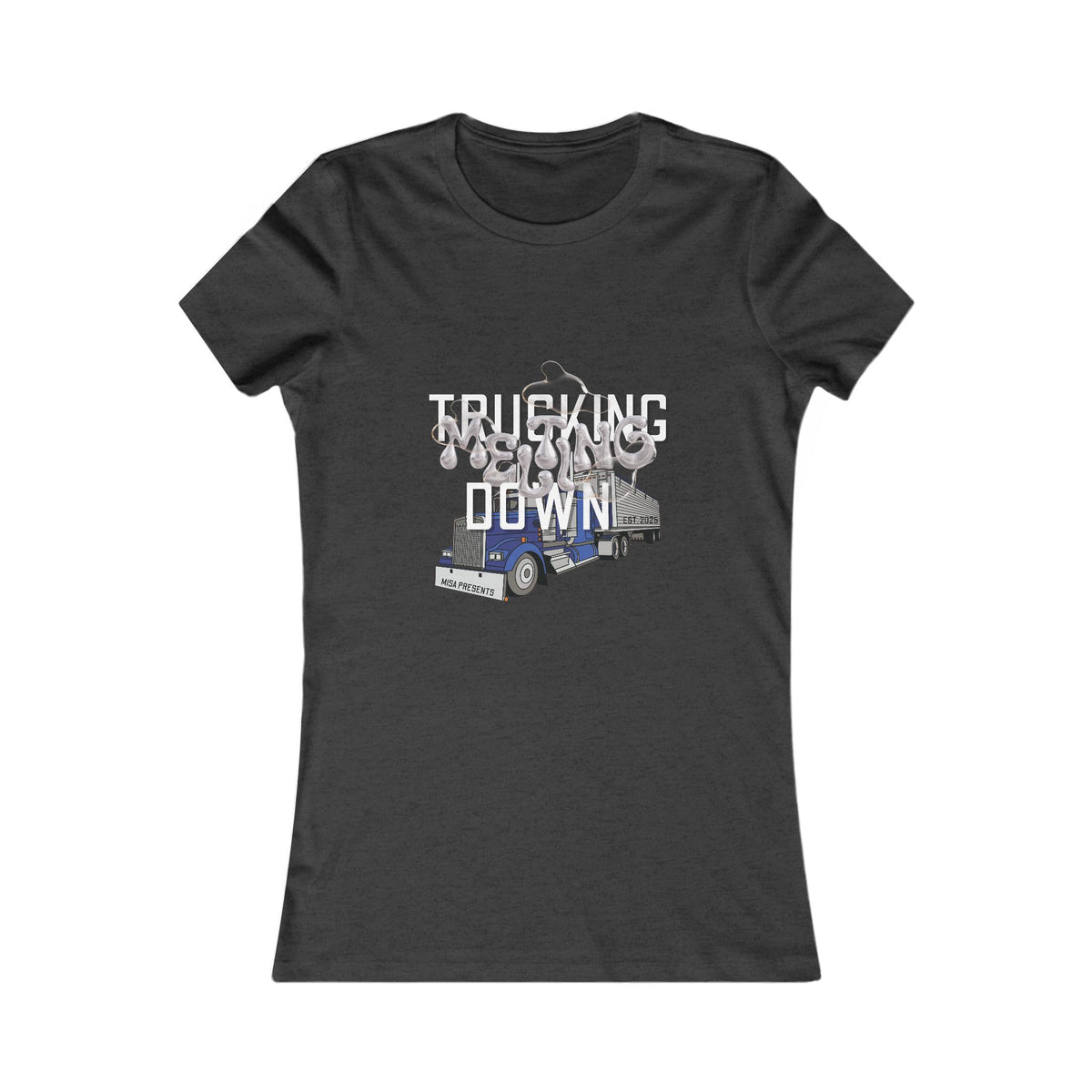 Baby blue women's trucking T-shirt by Printify featuring a casual fit and truck graphic design.