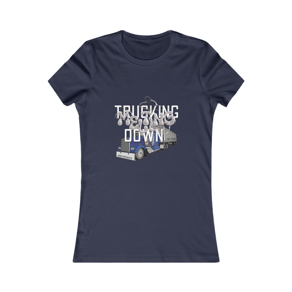 Baby blue women's trucking T-shirt by Printify featuring a casual fit and truck graphic design.