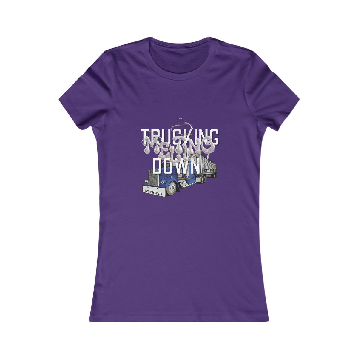 Baby blue women's trucking T-shirt from Printify featuring a casual fit and truck graphic design.