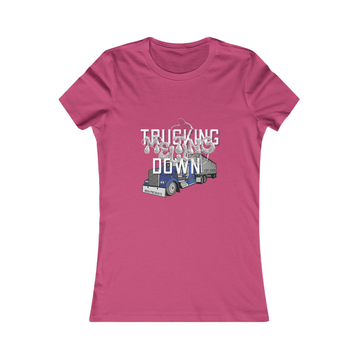 Baby blue women's trucking T-shirt by Printify featuring a casual design, displayed flat with short sleeves and crew neck.