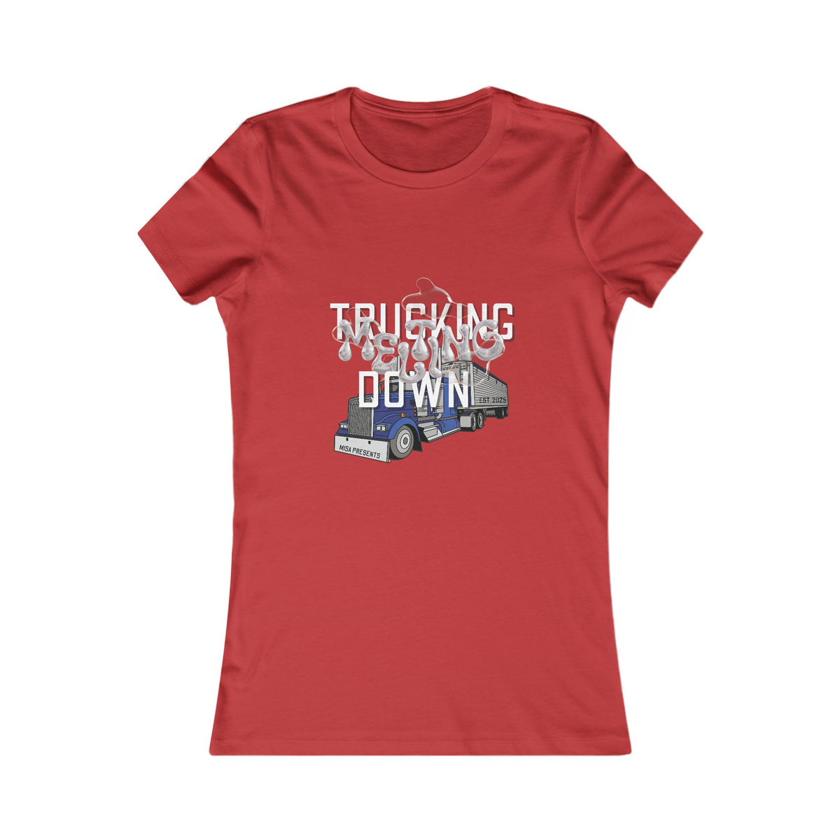 Baby blue women's trucking T-shirt by Printify featuring a casual fit and graphic trucking design.