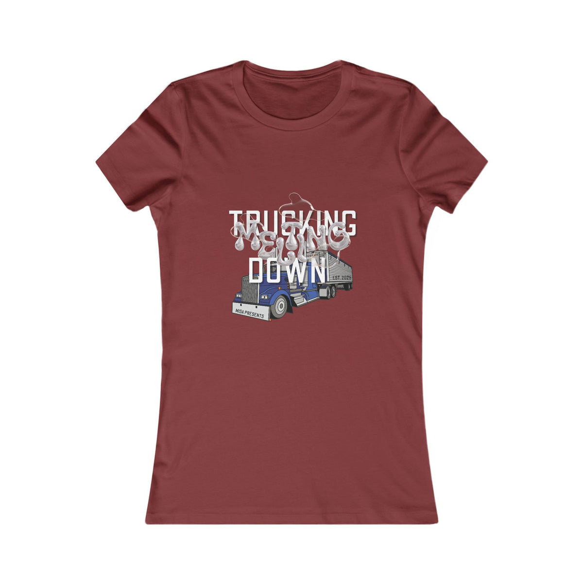 Baby blue women's trucking T-shirt by Printify featuring a casual fit and truck graphic design.