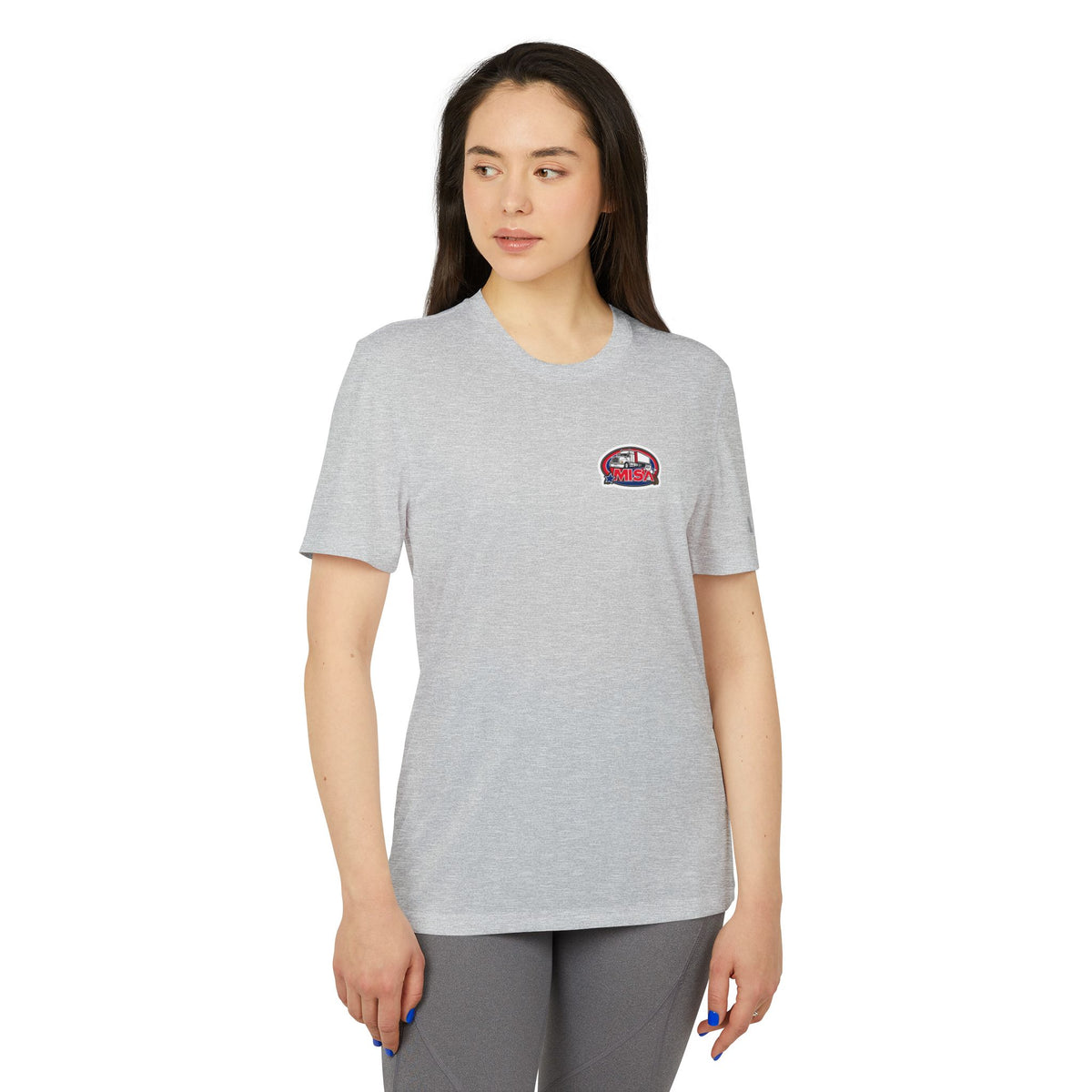 Black Heather Adidas unisex graphic sport T-shirt with funny design, ideal for casual outings and everyday wear.