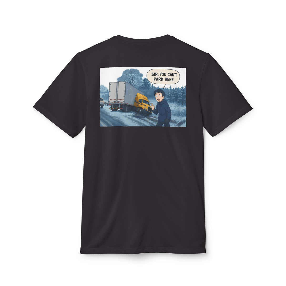 Black Heather Adidas unisex graphic sport T-shirt featuring a humorous design, ideal for casual outings and everyday wear.