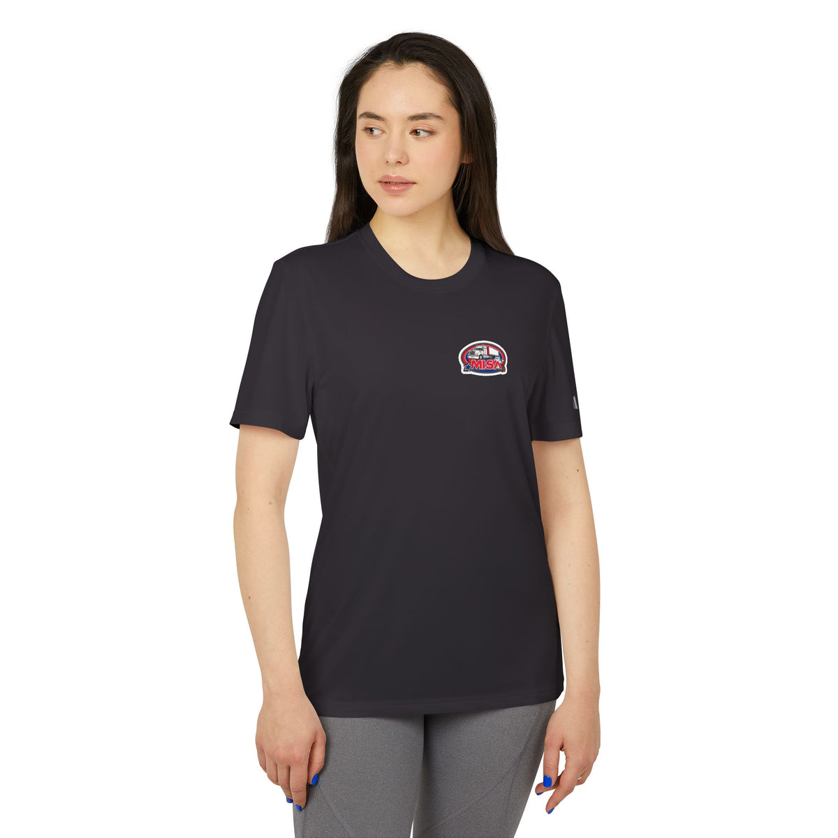 Black Heather Adidas unisex graphic sport T-shirt with humorous print, ideal for casual outings and everyday wear.