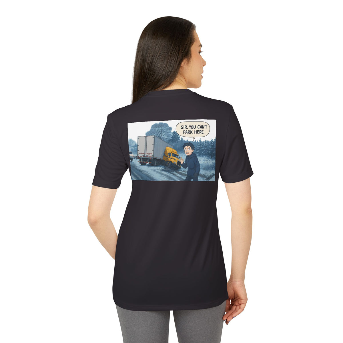 Black Heather Adidas unisex graphic sport T-shirt featuring humorous design, ideal for casual outings and everyday wear.
