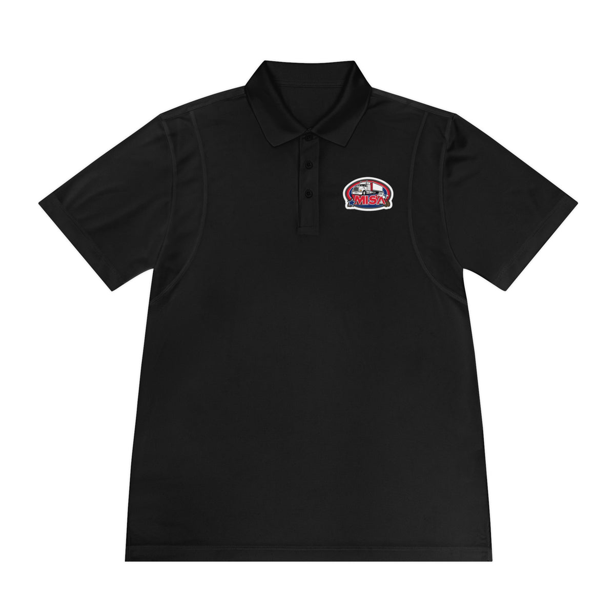 Black men's sport polo T-shirt by Printify featuring a humorous cartoon design for casual wear.