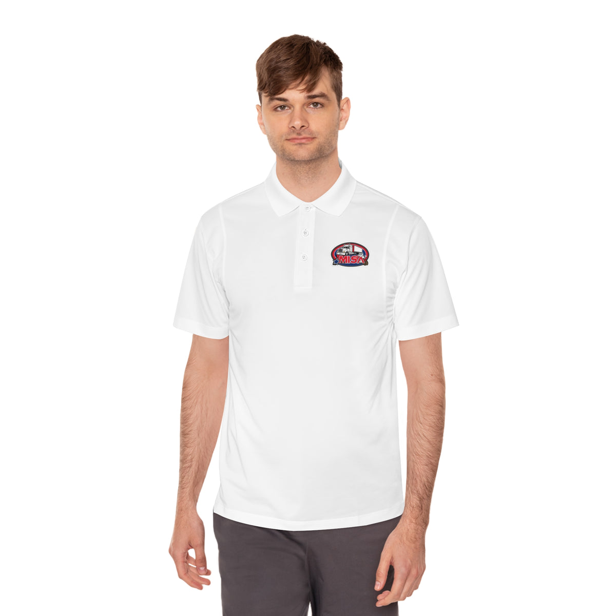 Black men's sport polo T-shirt by Printify featuring a humorous cartoon design for casual wear.