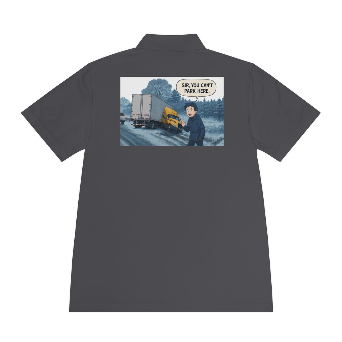 Black men's sport polo shirt by Printify featuring a humorous cartoon design for casual wear.