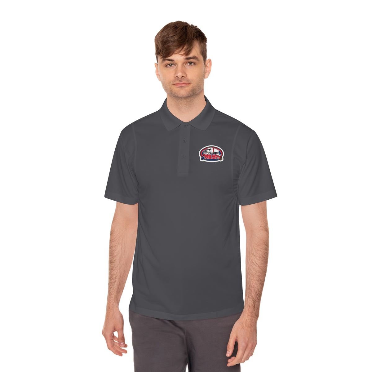 Black men's sport polo shirt by Printify featuring a humorous cartoon design, perfect for casual wear.