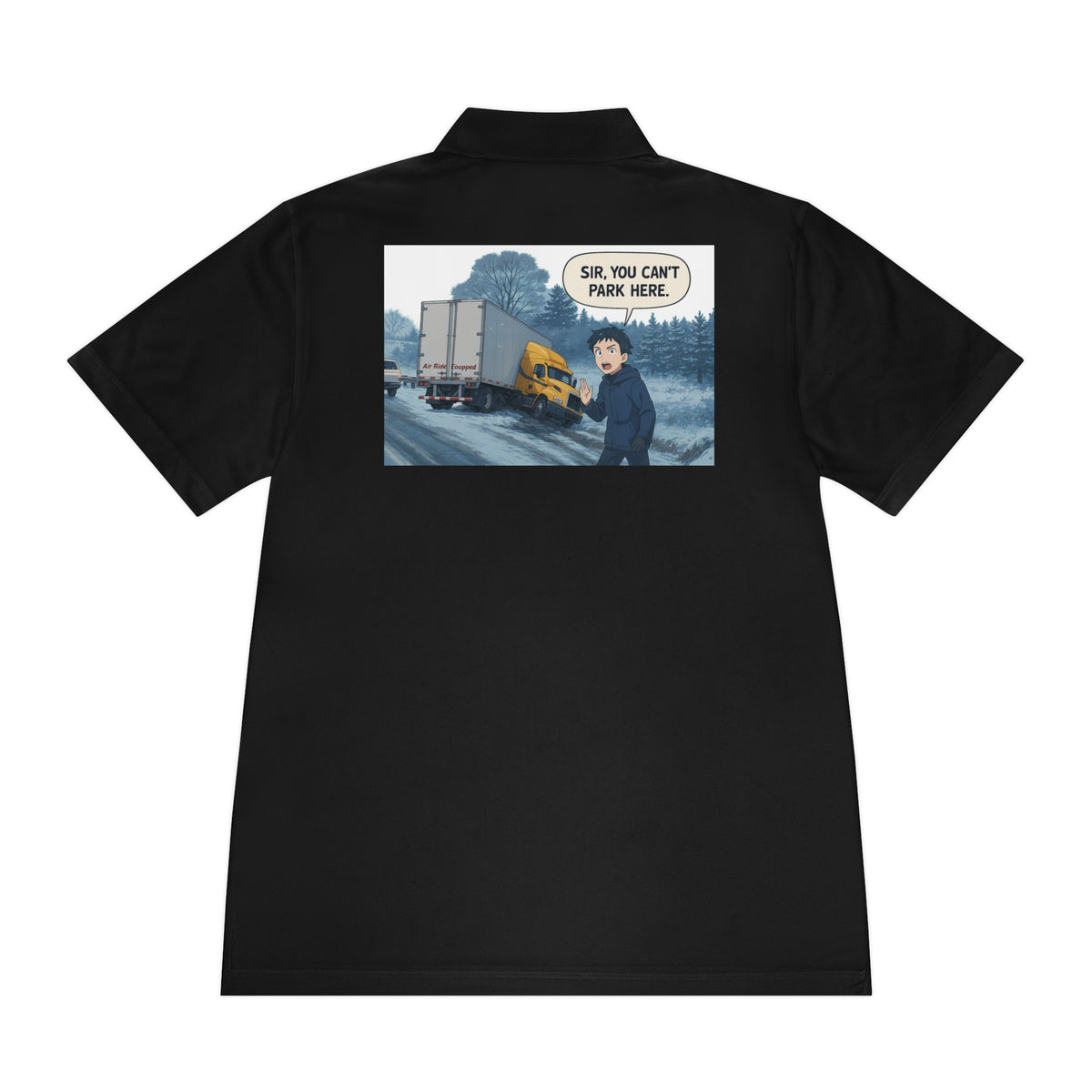 Black men's sport polo T-shirt with humorous cartoon design, casual wear by Printify.