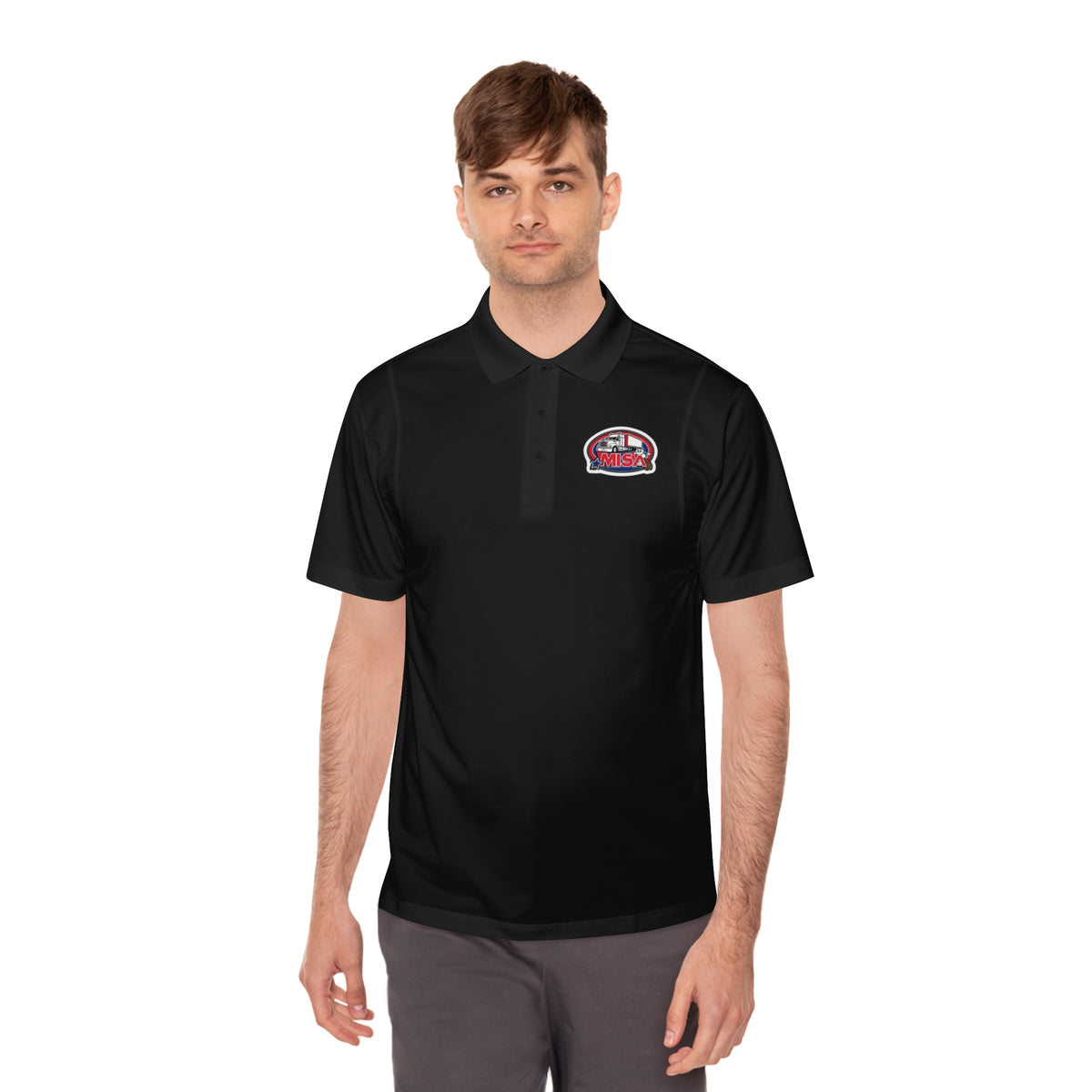 Black men's sport polo shirt from Printify featuring a humorous cartoon design, ideal for casual wear.