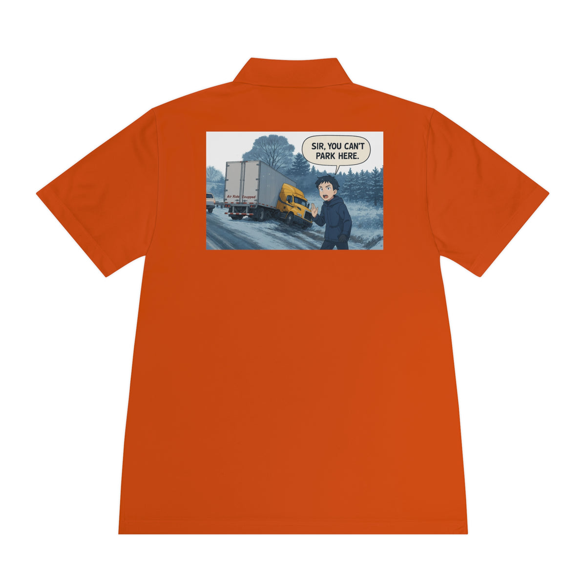 Black men's sport polo shirt by Printify with humorous cartoon design, casual wear, and short-sleeve T-shirt style.