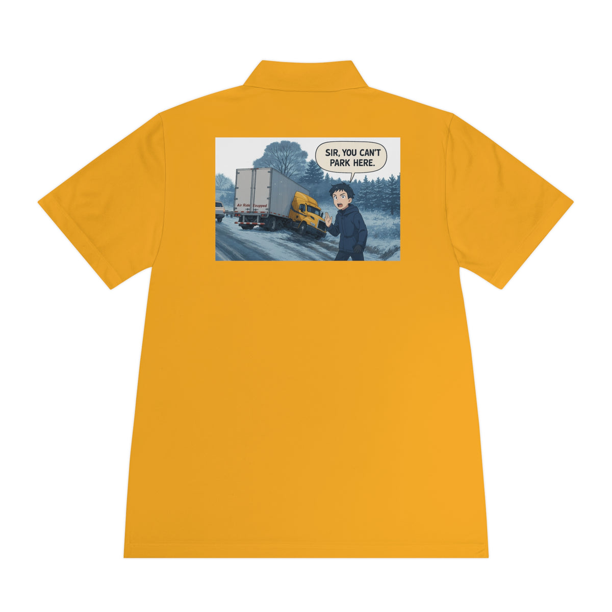 Black men's sport polo shirt with humorous cartoon design, casual T-shirt by Printify, suitable for everyday wear.