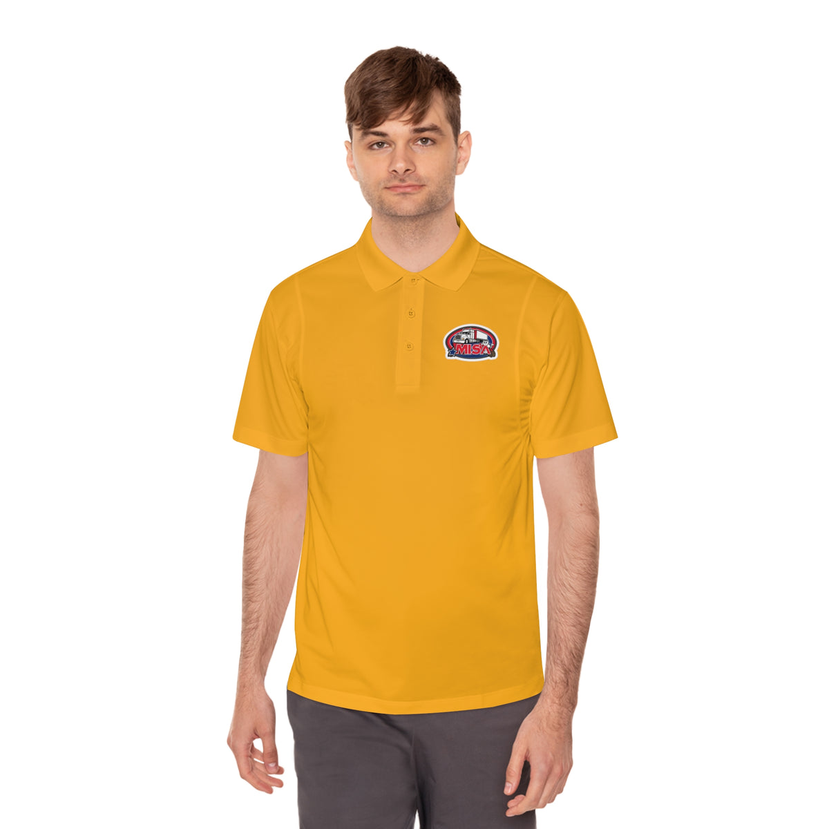 Black men's sport polo shirt by Printify featuring humorous cartoon design, suitable for casual wear.