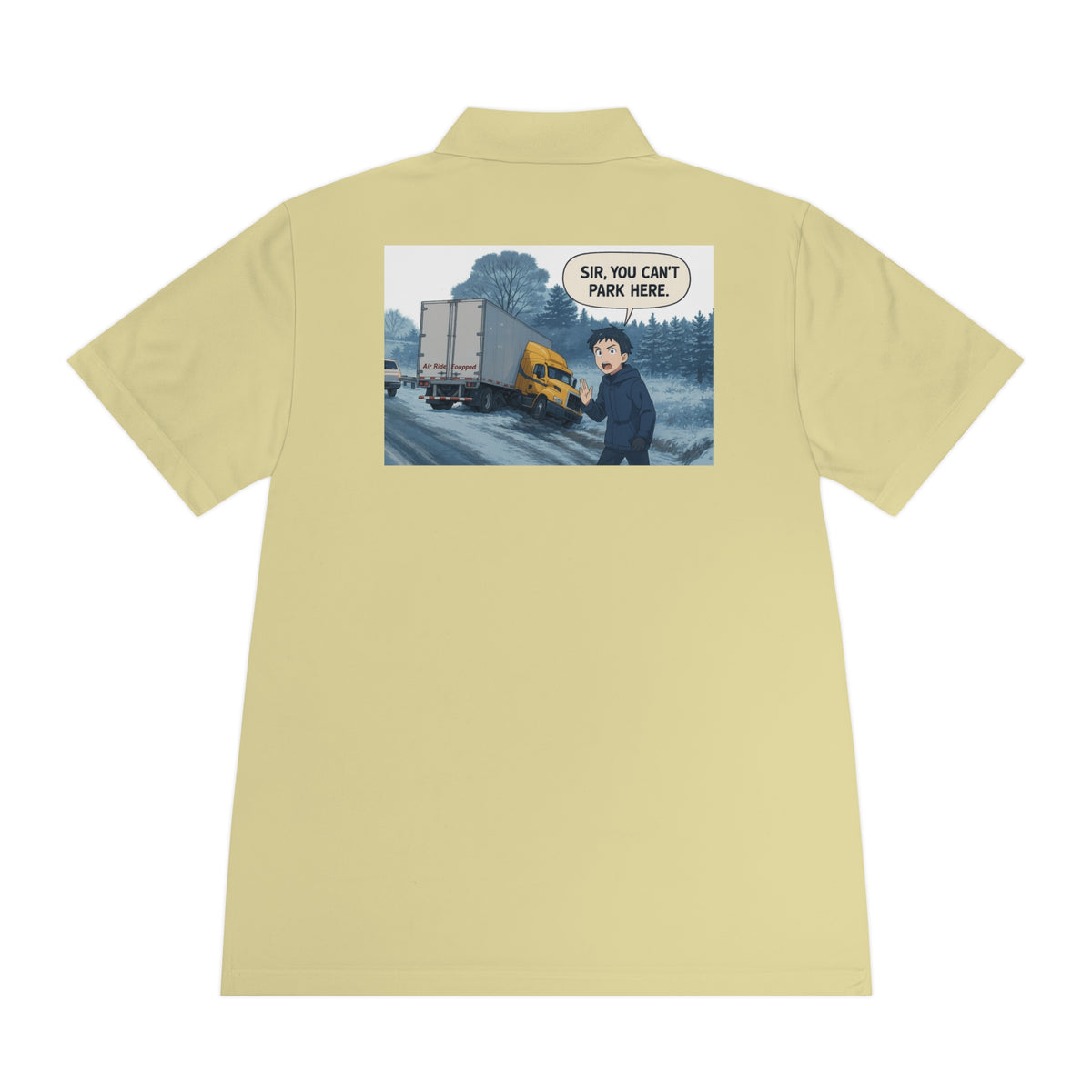 Black men's sport polo shirt by Printify featuring a humorous cartoon design, suitable for casual wear.