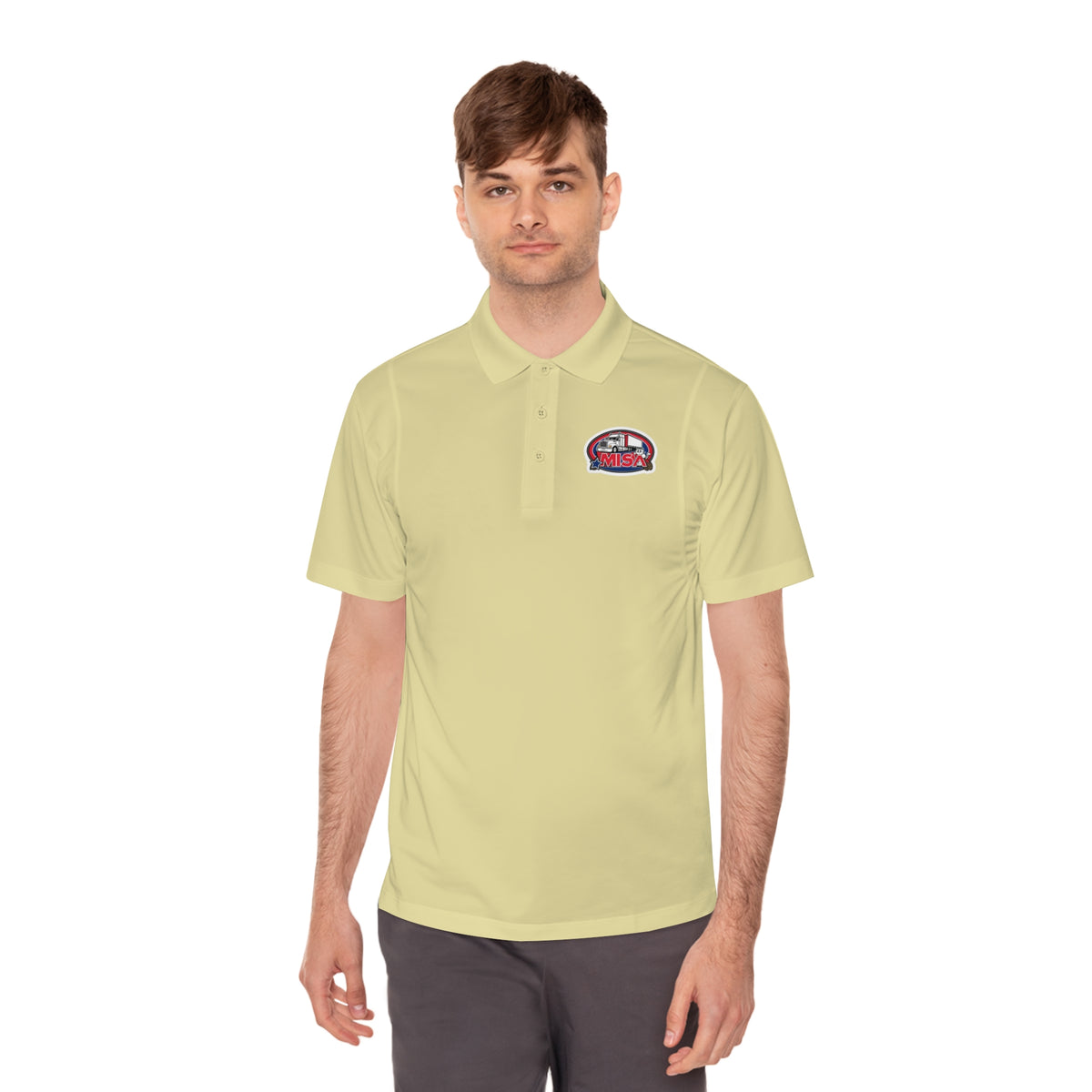Black men's sport polo shirt by Printify featuring a humorous cartoon design, casual wear t-shirt for everyday style.