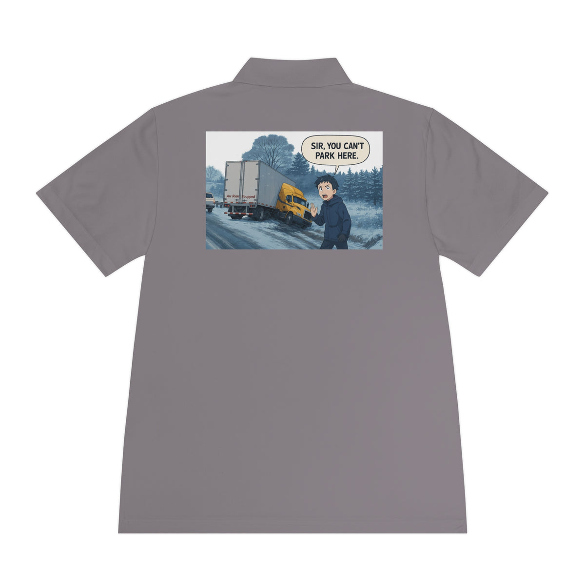 Black men's sport polo shirt by Printify featuring a humorous cartoon design, ideal for casual wear.