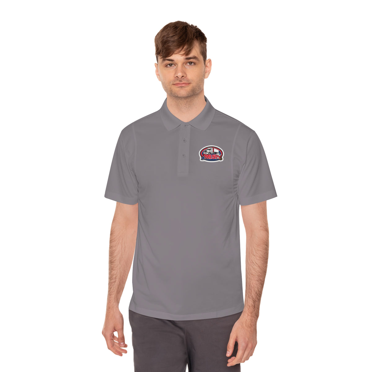 Black men's sport polo shirt by Printify with humorous cartoon design, casual style, perfect for relaxed everyday wear.