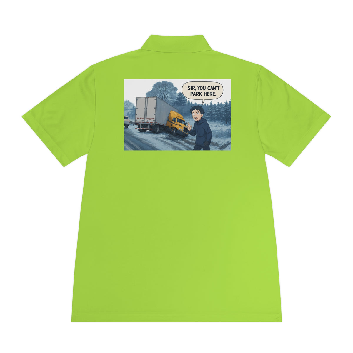 Black men's sport polo shirt by Printify featuring a humorous cartoon design, perfect for casual wear.