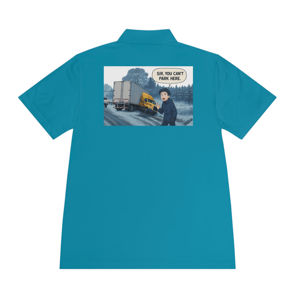 Black men's sport polo shirt with humorous cartoon design, casual style by Printify, shown on a flat lay.