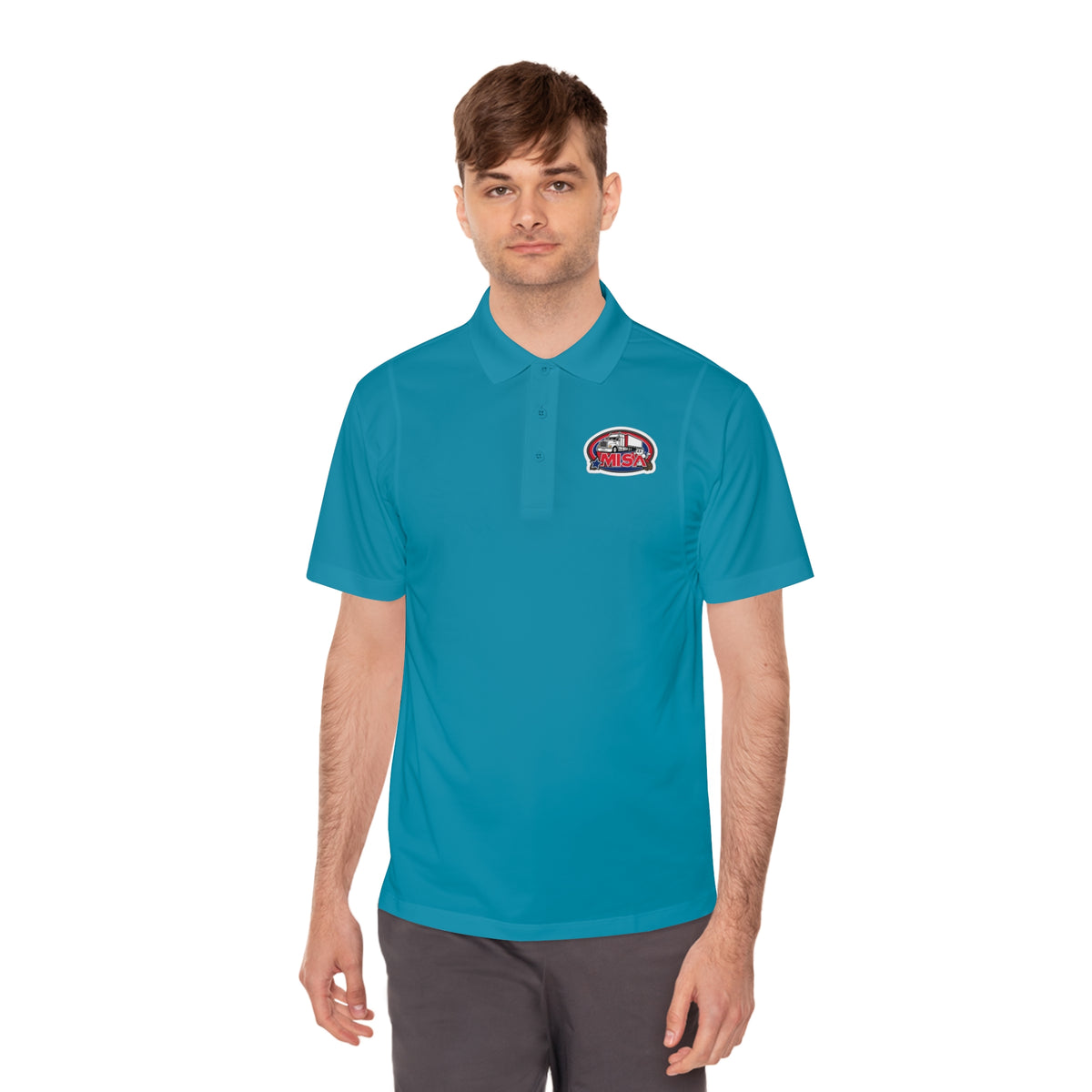 Black men's sport polo shirt by Printify featuring a humorous cartoon design, casual wear, and comfortable fit.