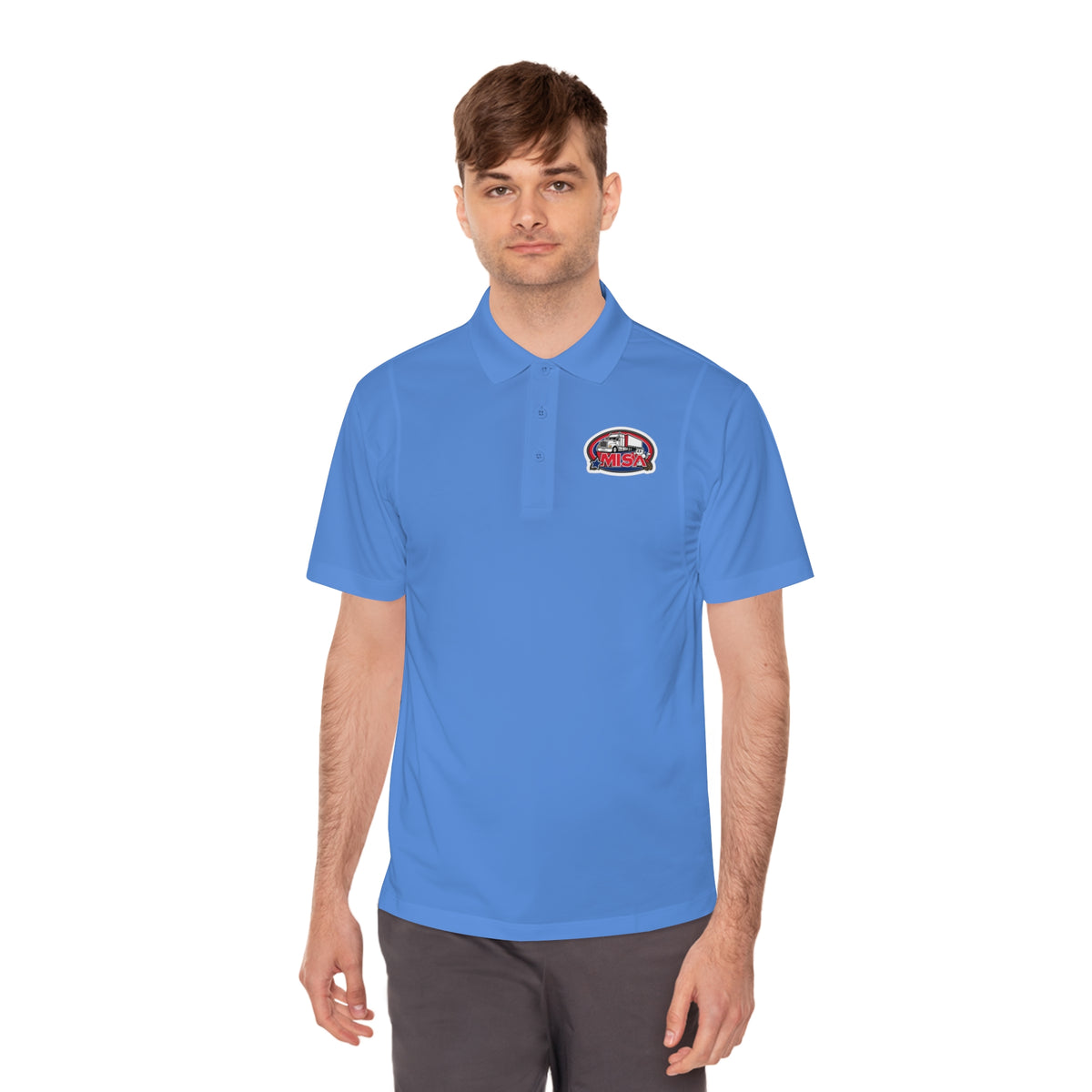 Black men's sport polo shirt by Printify featuring a humorous cartoon design, casual wear T-shirt for everyday style.