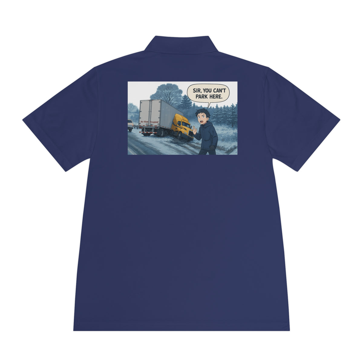 Black men's sport polo T-shirt by Printify featuring a humorous cartoon design for casual wear.