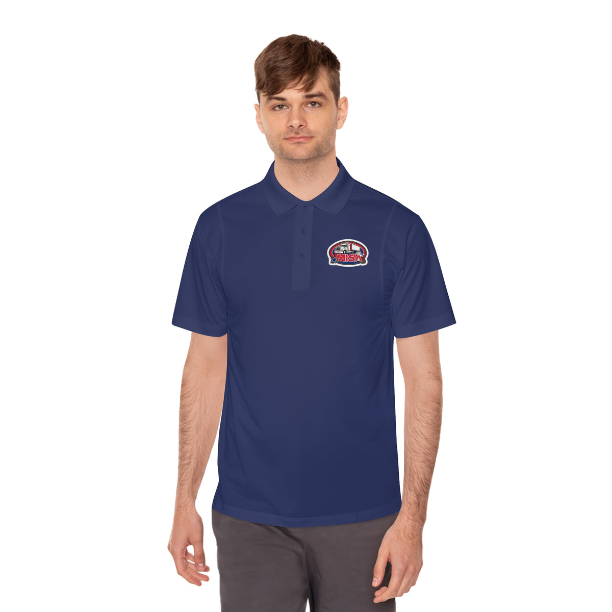 Black men's sport polo shirt by Printify featuring a humorous cartoon design for casual wear.