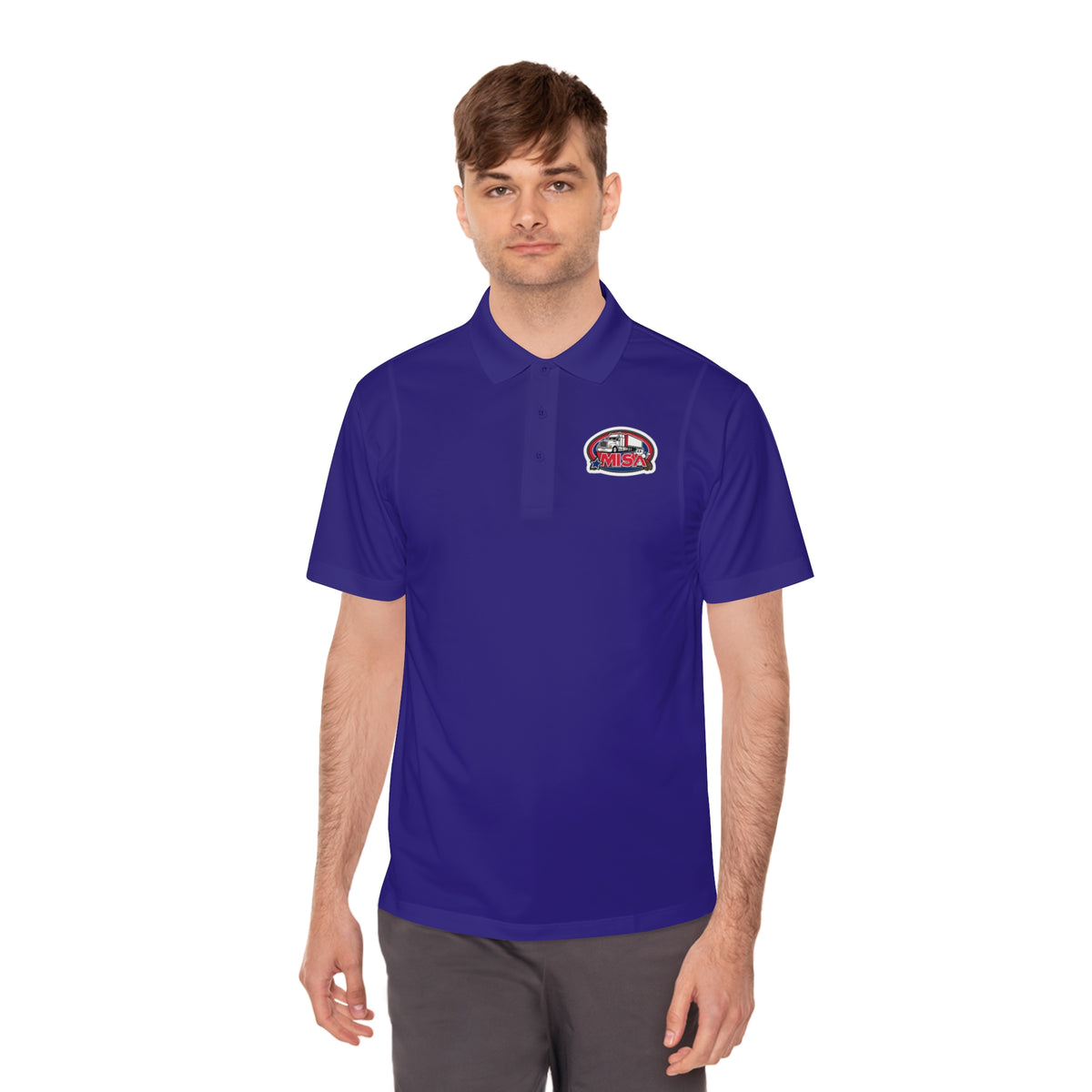 Black men's sport polo shirt with humorous cartoon design, casual T-shirt from Printify, showing playful artwork on the front.