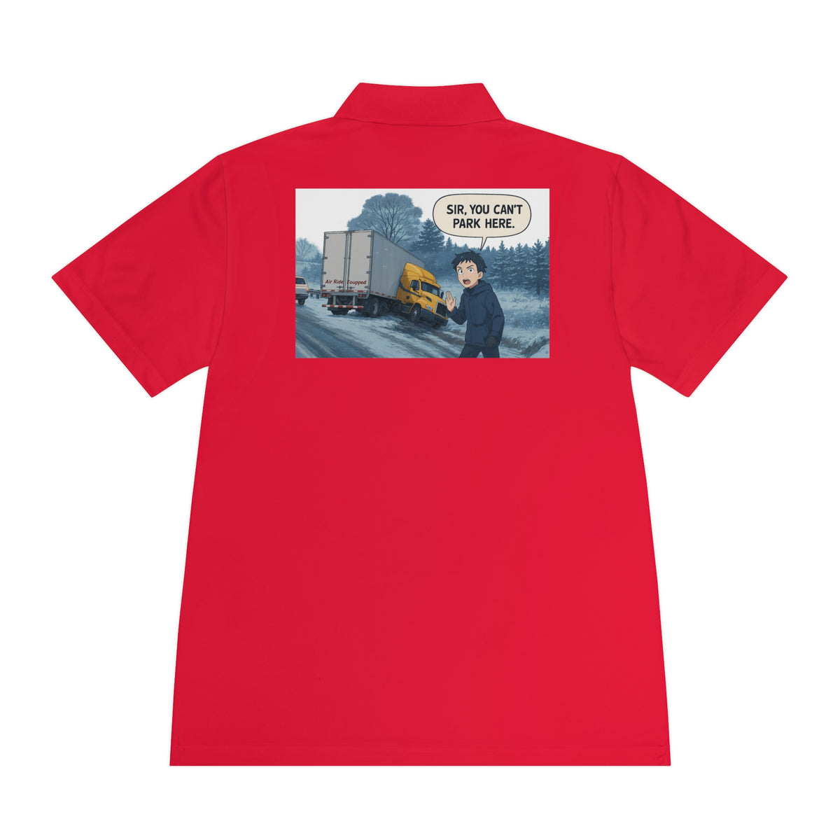 Black men's sport polo shirt by Printify with a humorous cartoon design, casual wear T-shirt for everyday style.