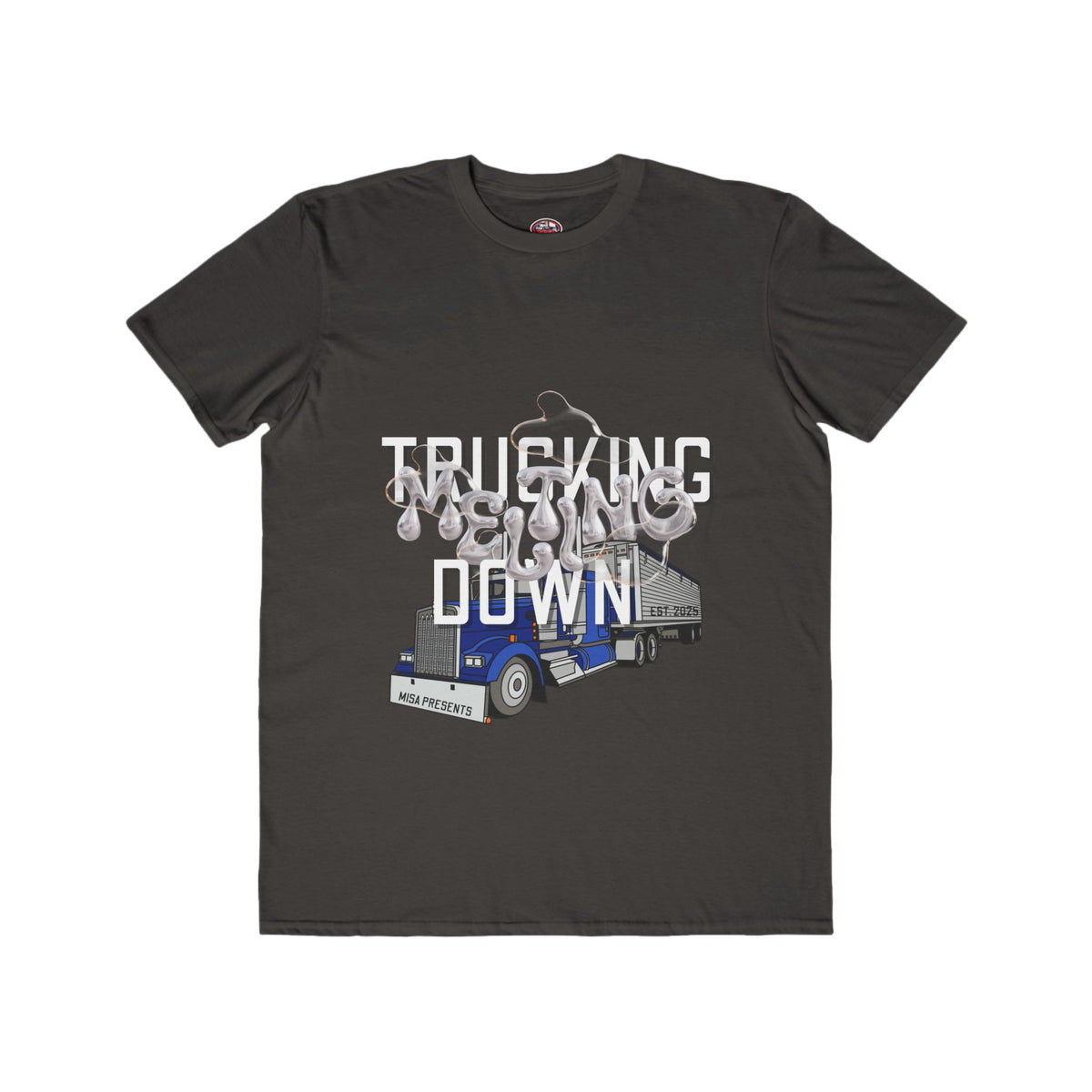 Black men's fashion T-shirt by Printify featuring a trucking melt down design, ideal for truckers and freight professionals.