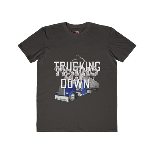 Black men's fashion T-shirt by Printify featuring a trucking melt down design, ideal for truckers and freight professionals.