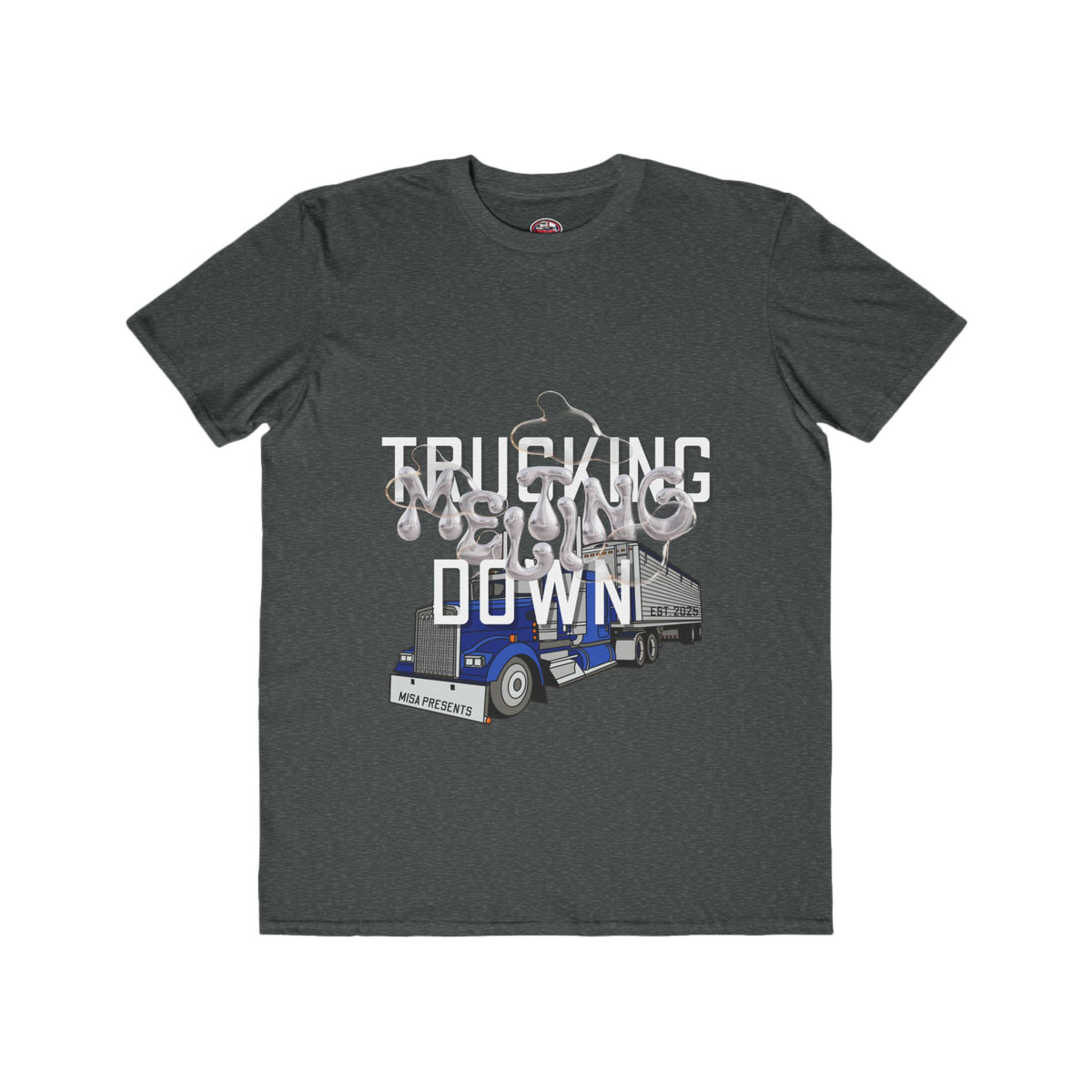 Black men's fashion T-shirt by Printify featuring a trucking melt down graphic, designed for truckers and freight professionals.