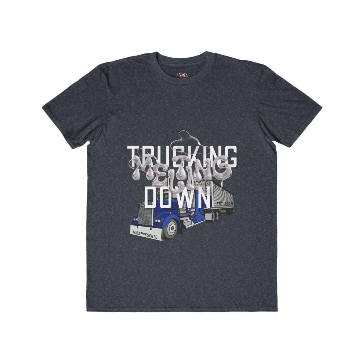 Black men's fashion T-shirt by Printify featuring trucking melt-down graphic, ideal for truckers and freight professionals.