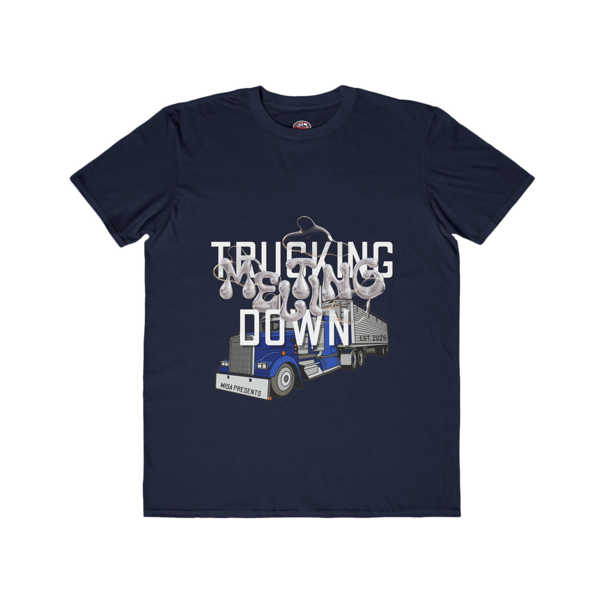 Black men's fashion T-shirt by Printify featuring trucking melt-down graphic, designed for truckers and freight professionals.