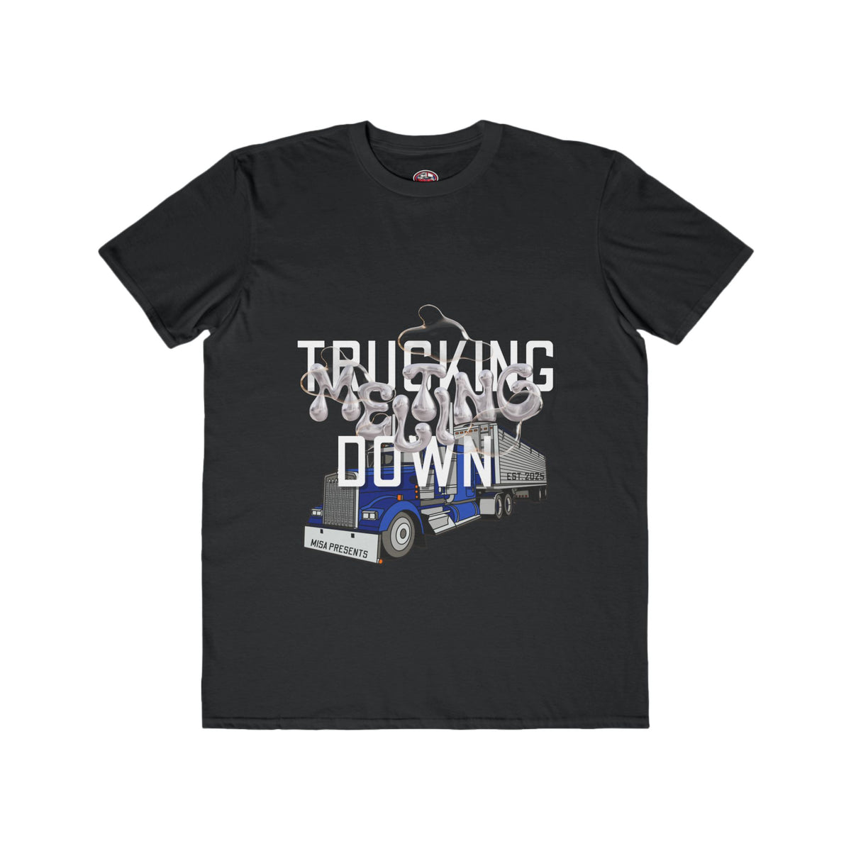 Black men's fashion T-shirt by Printify featuring trucking melt down graphic, ideal for truckers and freight professionals.