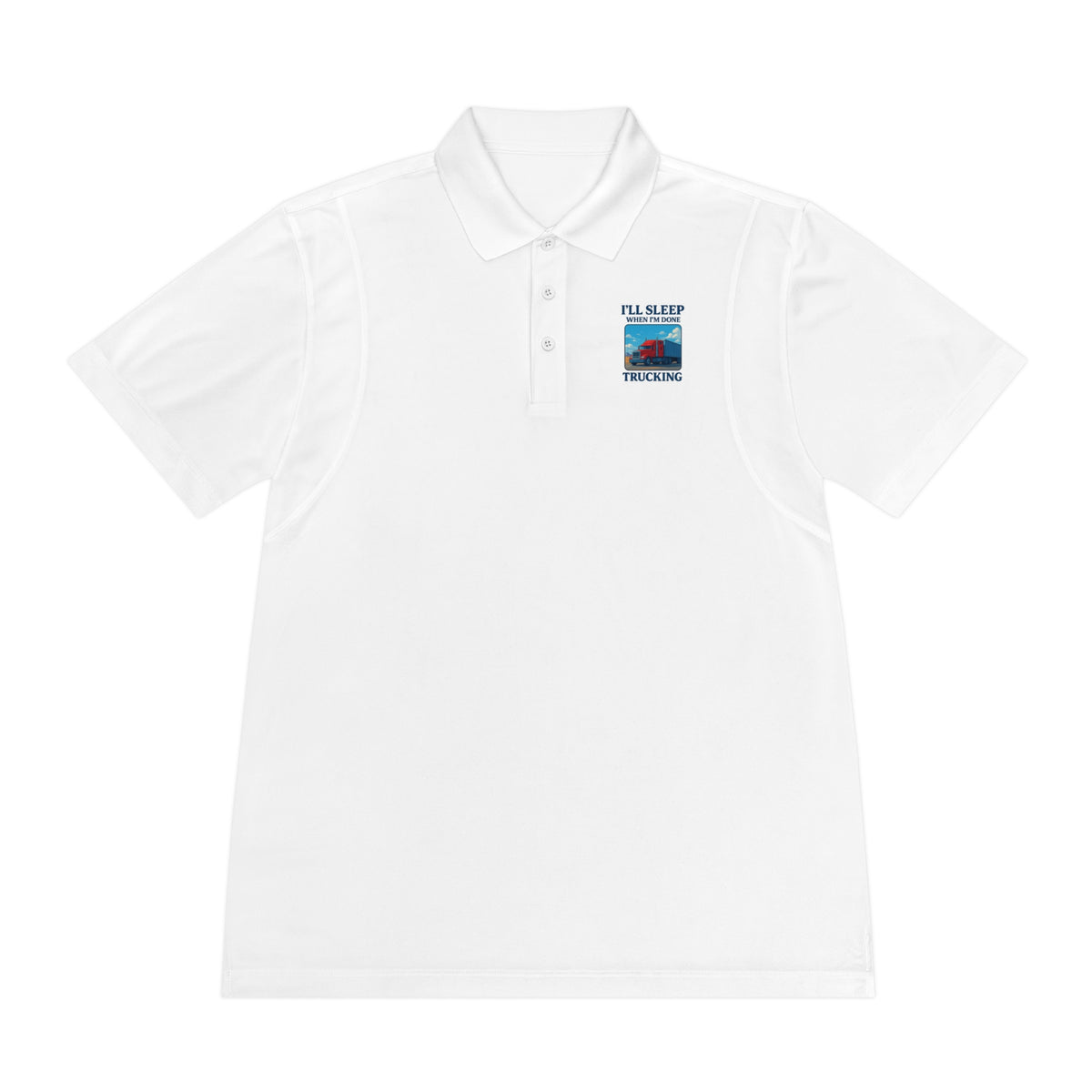 Men's blue lake sport polo shirt by Printify featuring trucking design and the slogan "I’ll Sleep When I’m Done."
