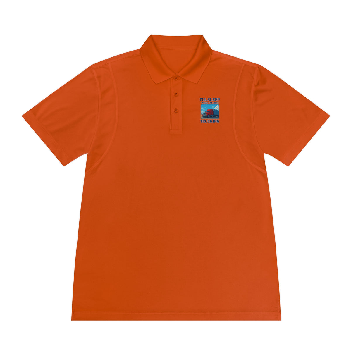 Men's blue sport polo shirt by Printify with trucking design and the phrase "I’ll Sleep When I’m Done" on the front.