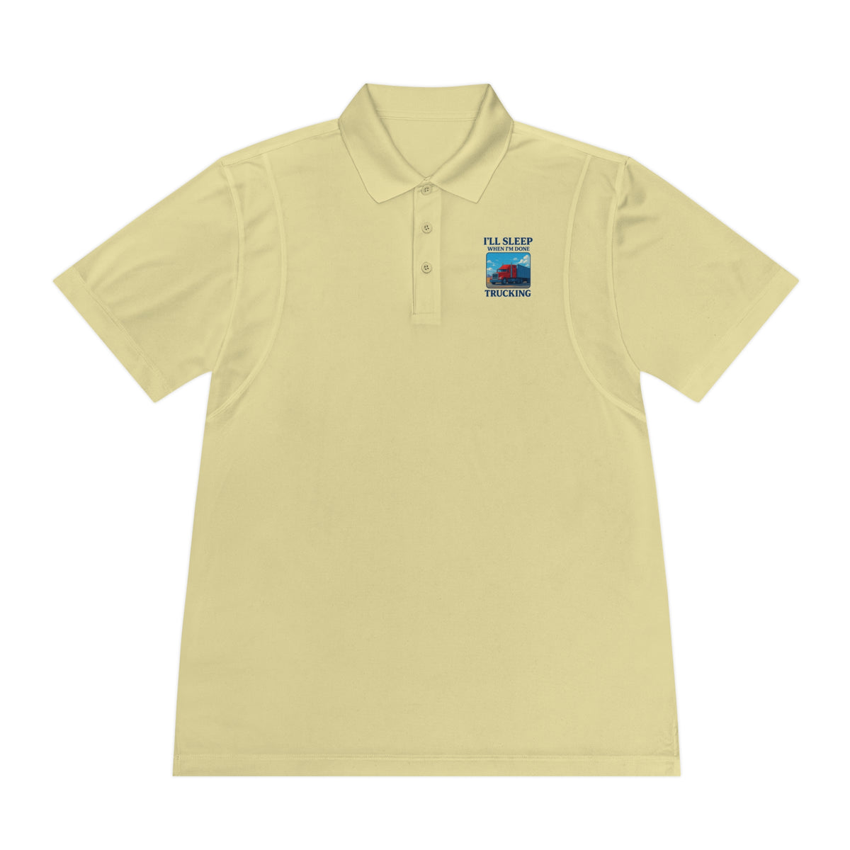 Men's blue sport polo shirt by Printify with trucking design and the slogan "I’ll Sleep When I’m Done" on the front.