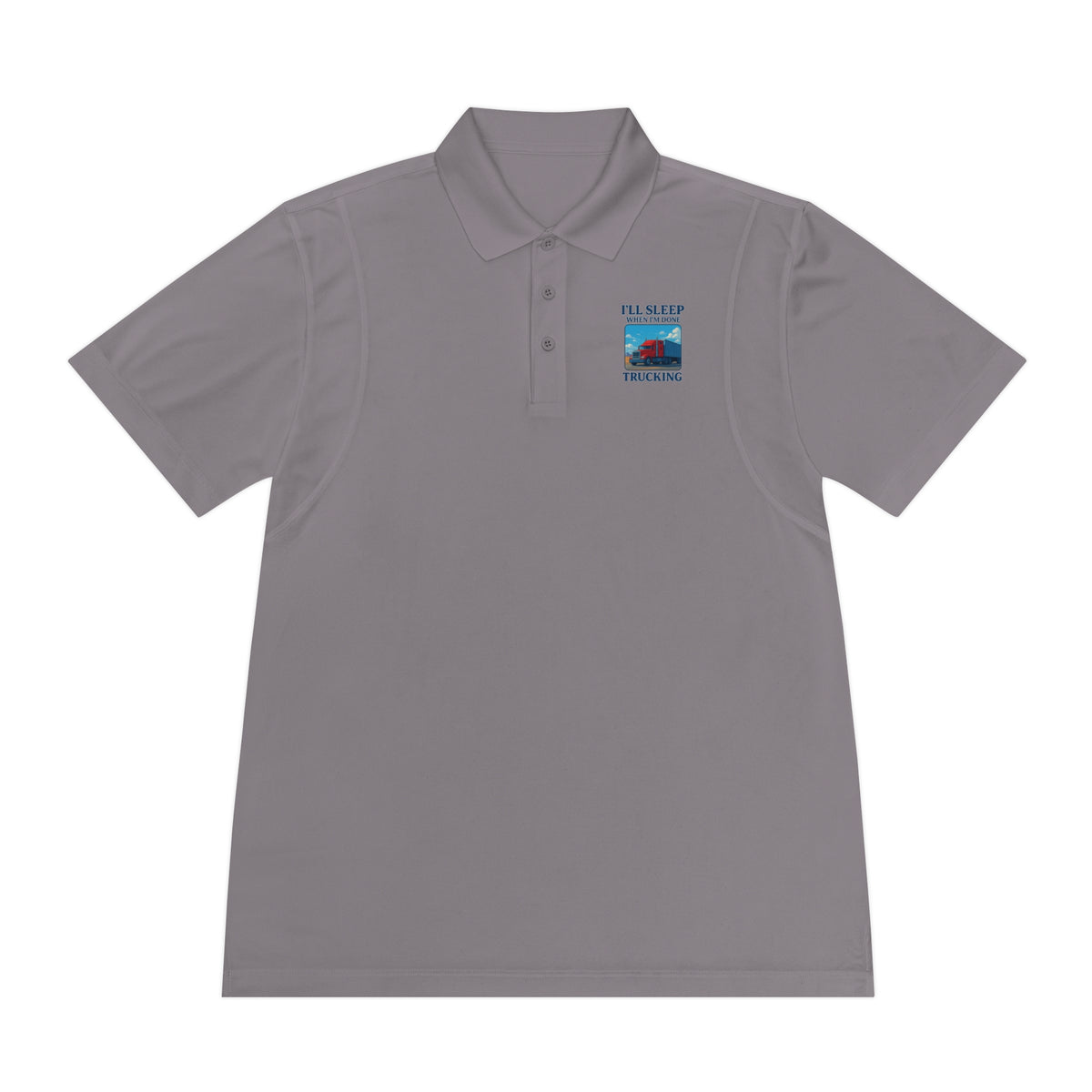 Men's blue sport polo shirt with trucking design and slogan "I’ll Sleep When I’m Done" by Printify, casual and stylish.