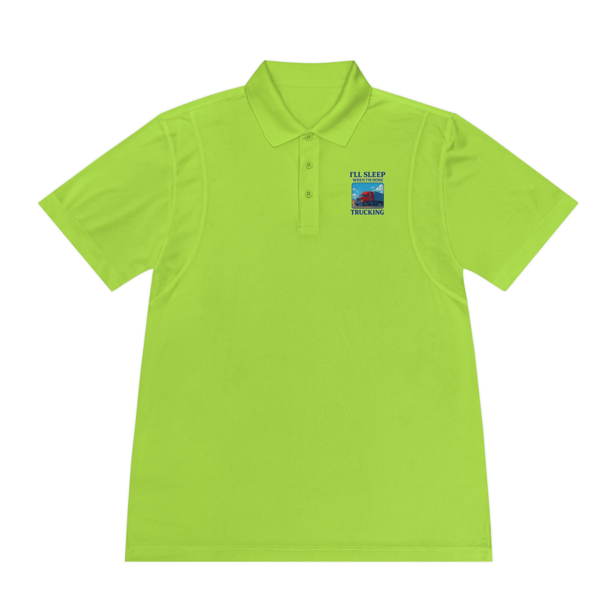 Men's blue sport polo shirt with trucking design and the phrase "I’ll Sleep When I’m Done" by Printify.