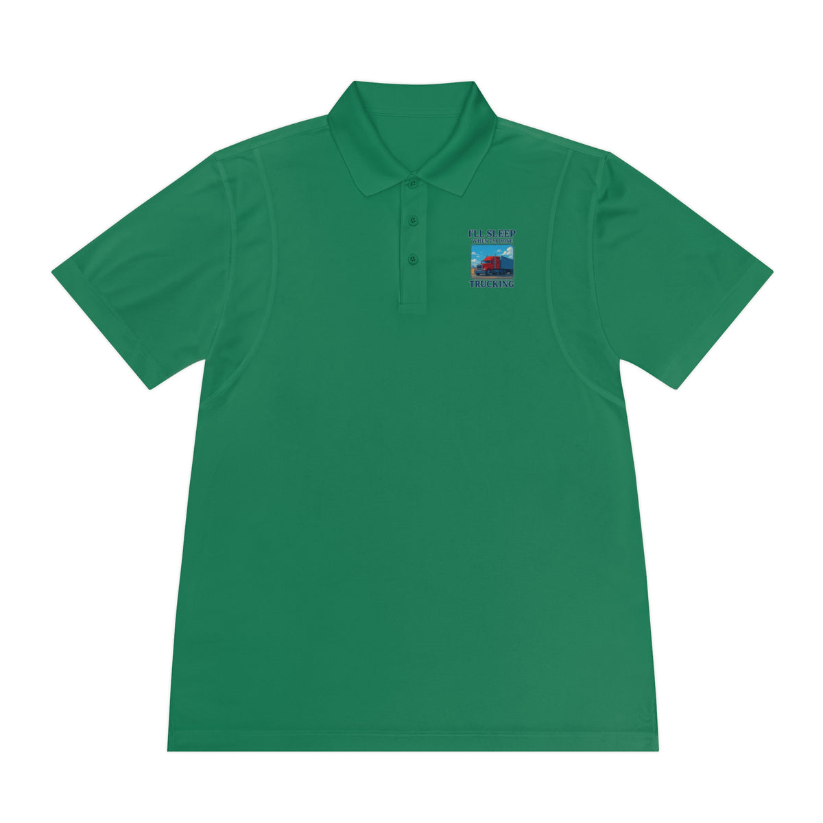 Men's blue lake sport polo shirt by Printify featuring a trucking design with the slogan "I’ll Sleep When I’m Done".