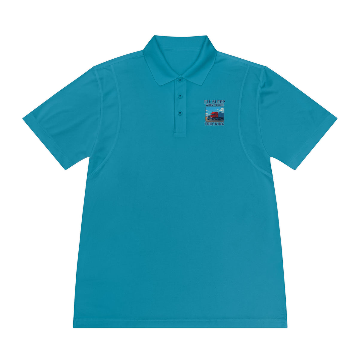 Men's blue sport polo shirt by Printify featuring a trucking design with the slogan "I’ll Sleep When I’m Done."