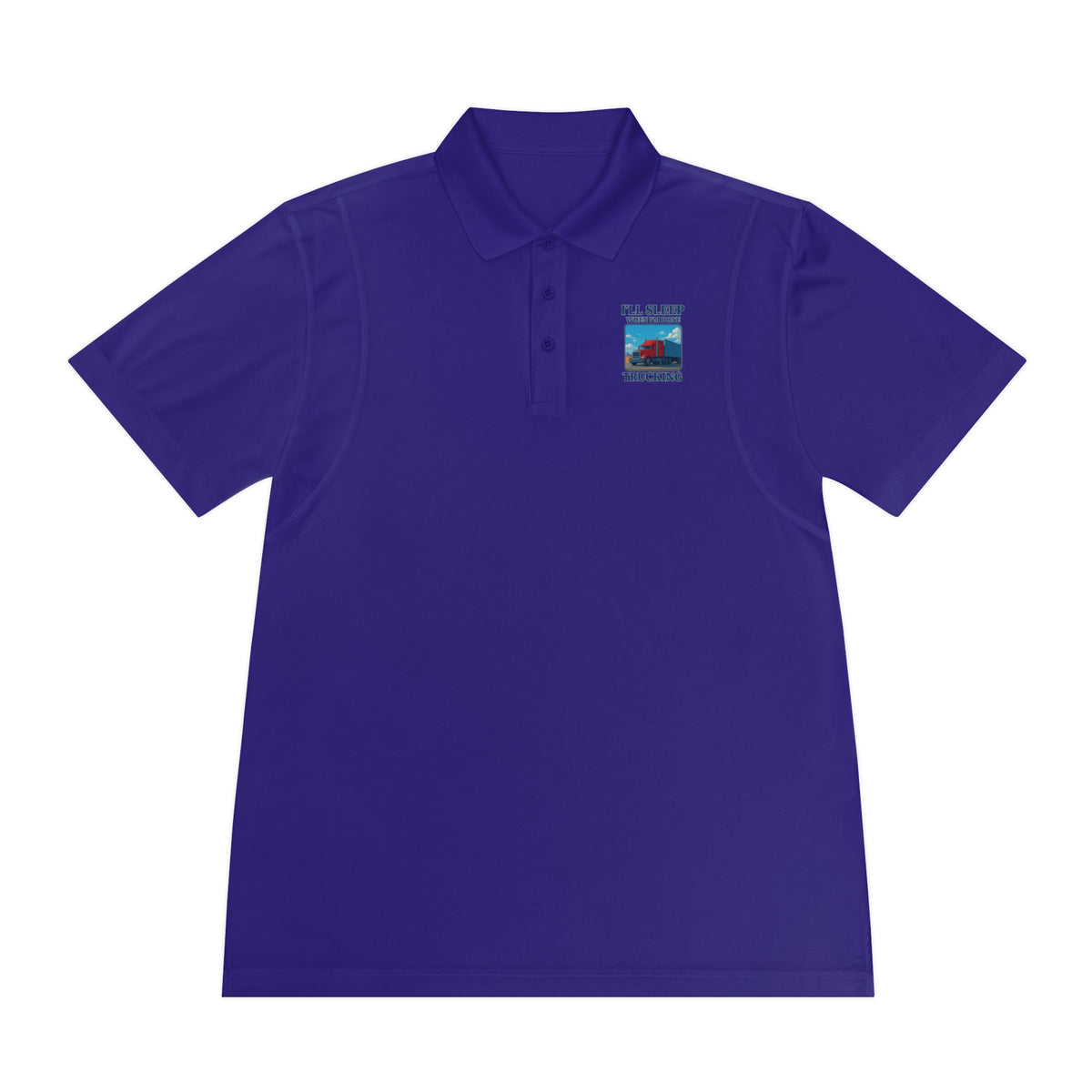 Men's blue lake sport polo shirt with trucking design and "I’ll Sleep When I’m Done" slogan, by Printify.