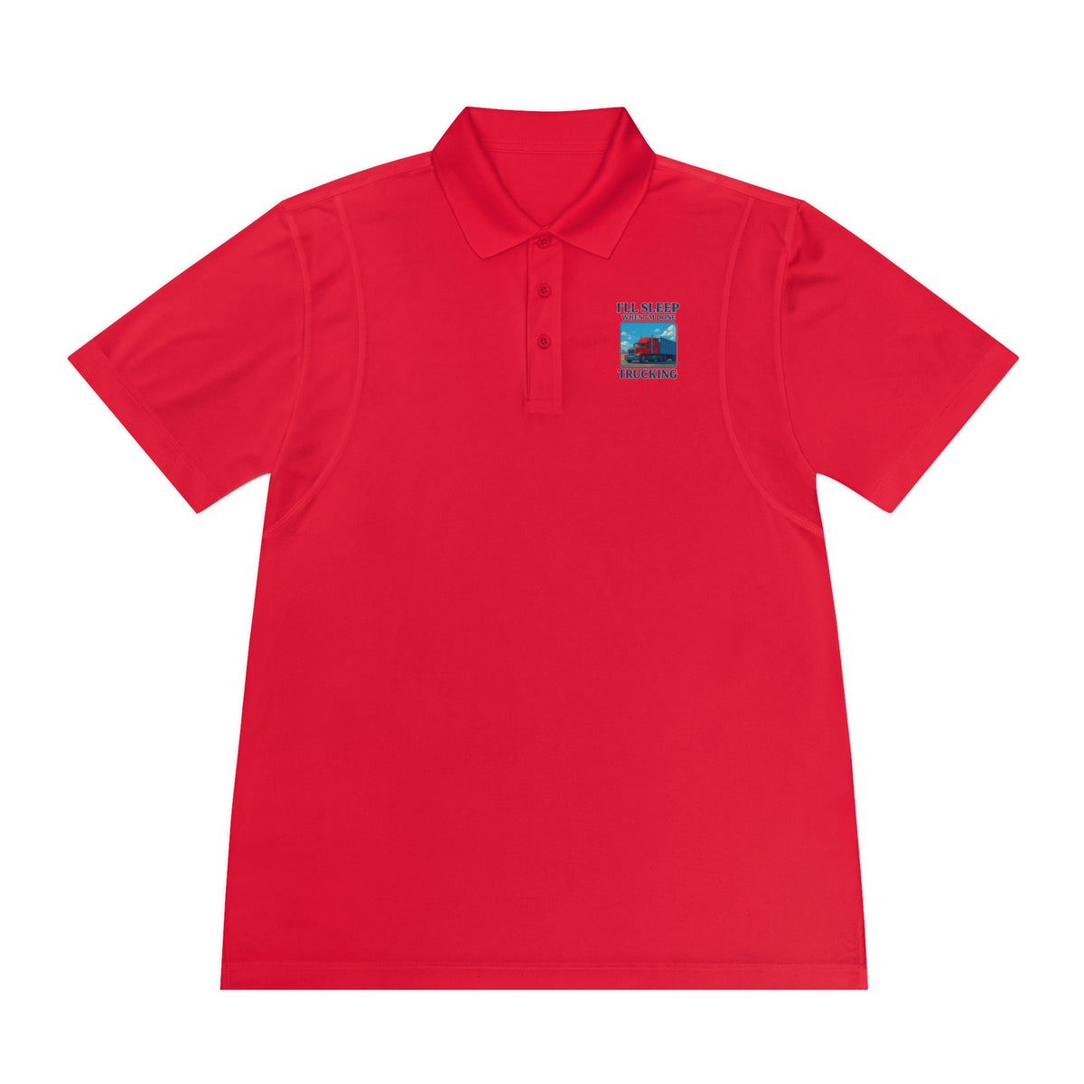 Men's blue Lake Sport Polo T-shirt by Printify featuring trucking design with the phrase "I’ll Sleep When I’m Done."