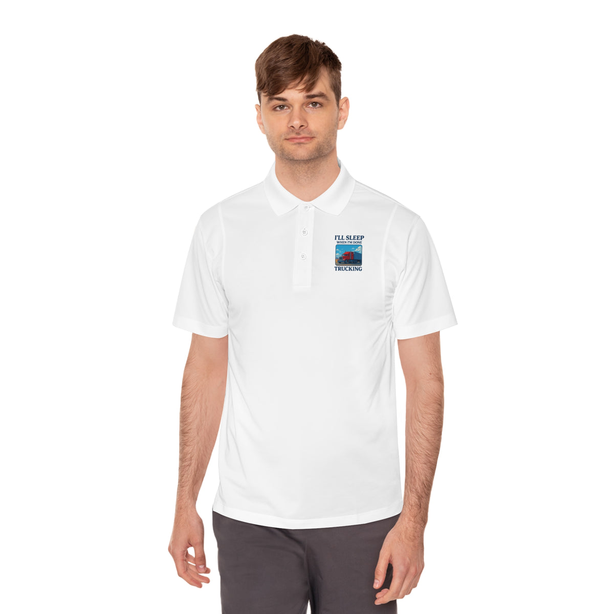 Men's blue lake sport polo shirt with trucking design and the phrase "I’ll Sleep When I’m Done" by Printify.