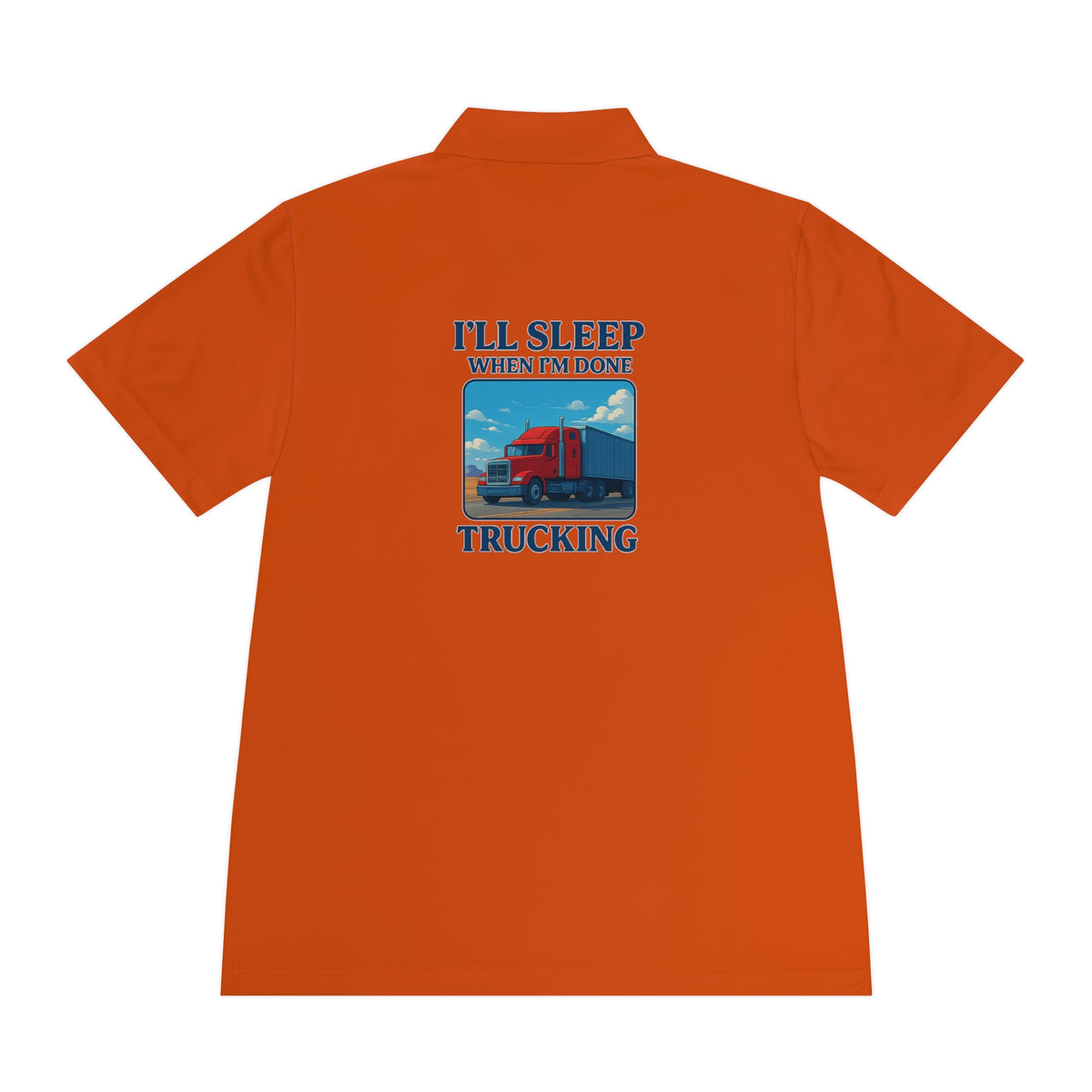 Men's blue Lake sport polo shirt with trucking design and "I’ll Sleep When I’m Done" slogan from Printify, casual and comfortable.